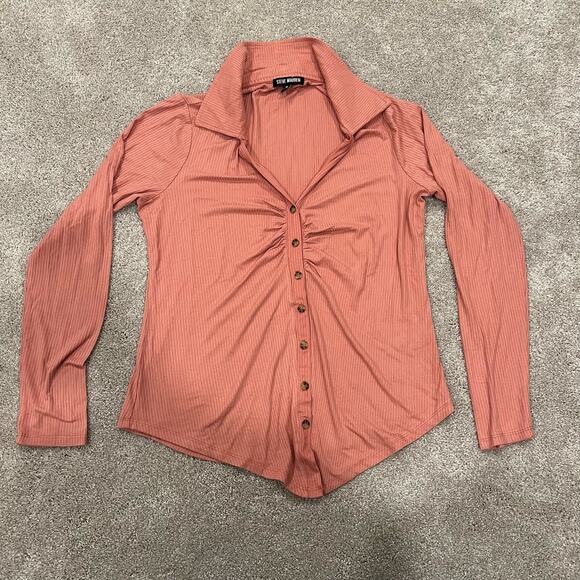 Steve Madden Women's Long Sleeve Pink Button Down with Ruching Size M - Picture 7 of 9